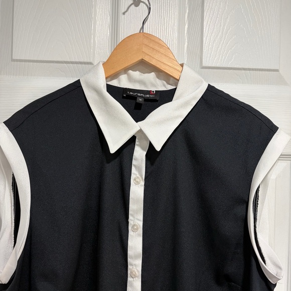Laura Plus Black and White Button-Down Sleeveless Shirt Blouse Collar Wide Strap - Picture 4 of 9
